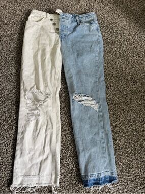 Women’s Two-Tone Distressed Straight-Leg Jeans — White & Light Blue